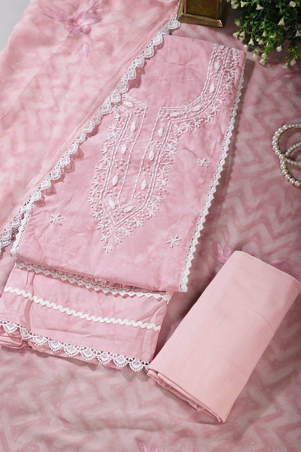 Pink Color Cotton Resham Embroidered And Lace Work Unstitched Suit