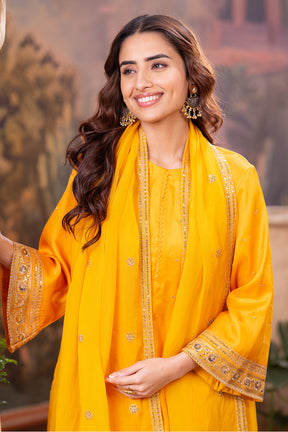 Mustard Zari And Sequins Embroidered Suits With Embroidered Pallazo