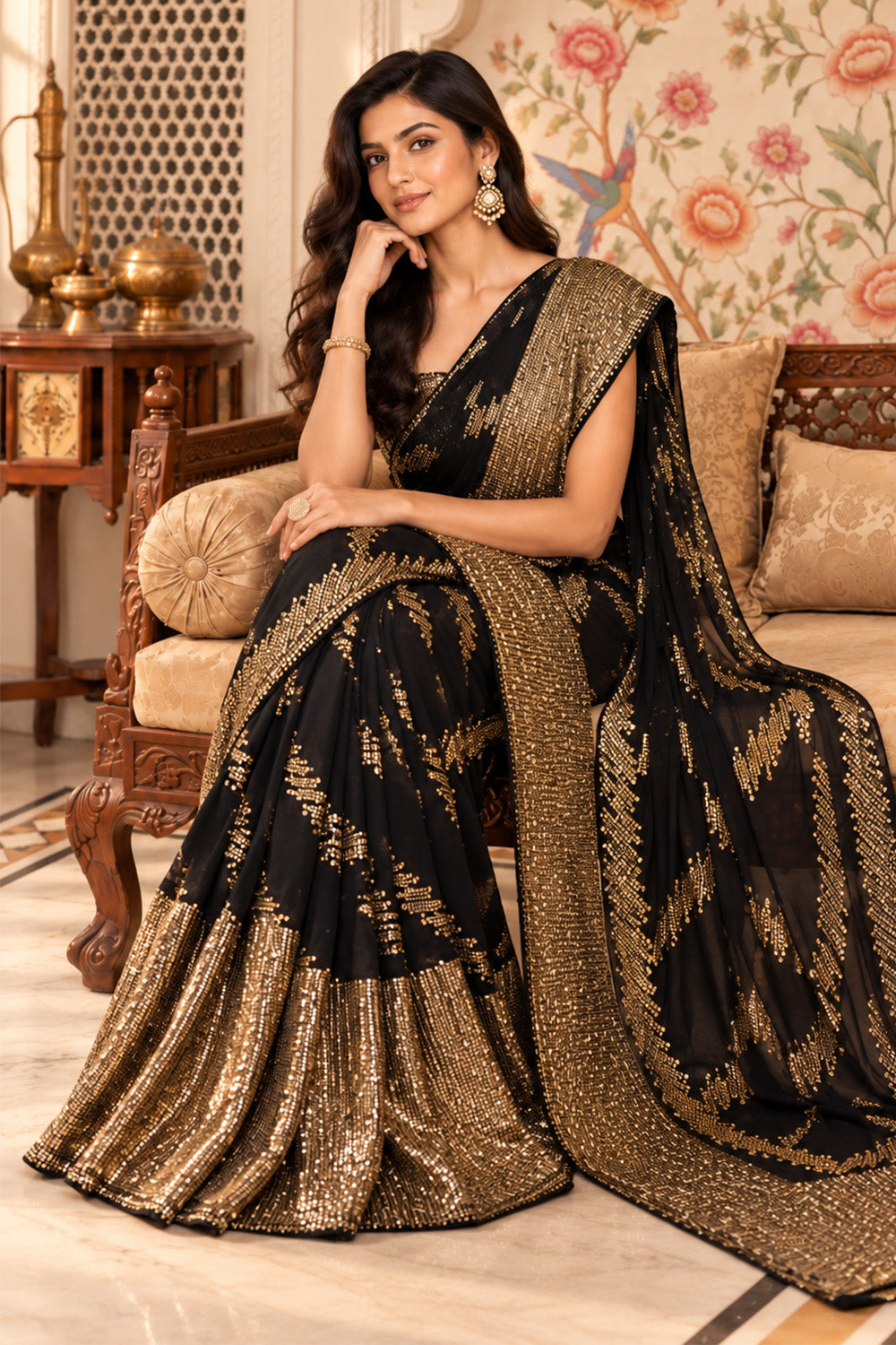 Black Sequins Embroidered Georgette Saree