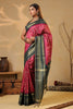 Deep Carmine Tussar Silk Floral Printed and Zari Woven Saree