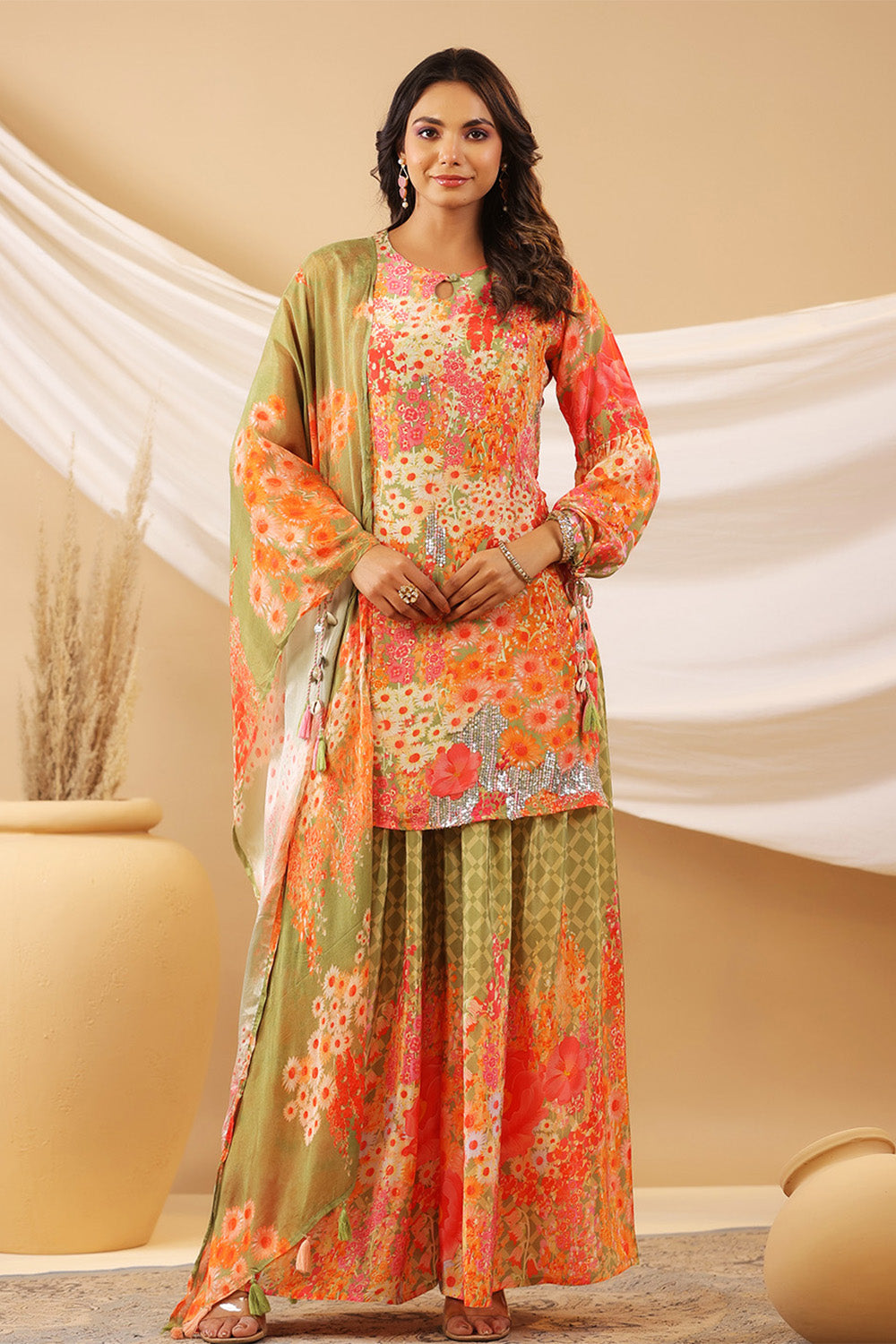 Multi-Color Crepe Silk Floral Printed Suit With Palazzo