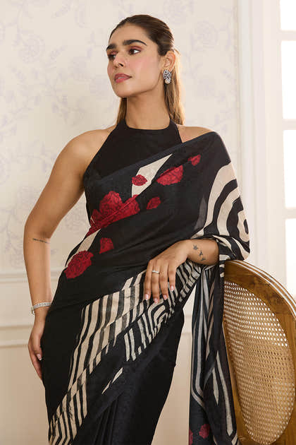 Black Jacquard Silk Floral Printed Saree