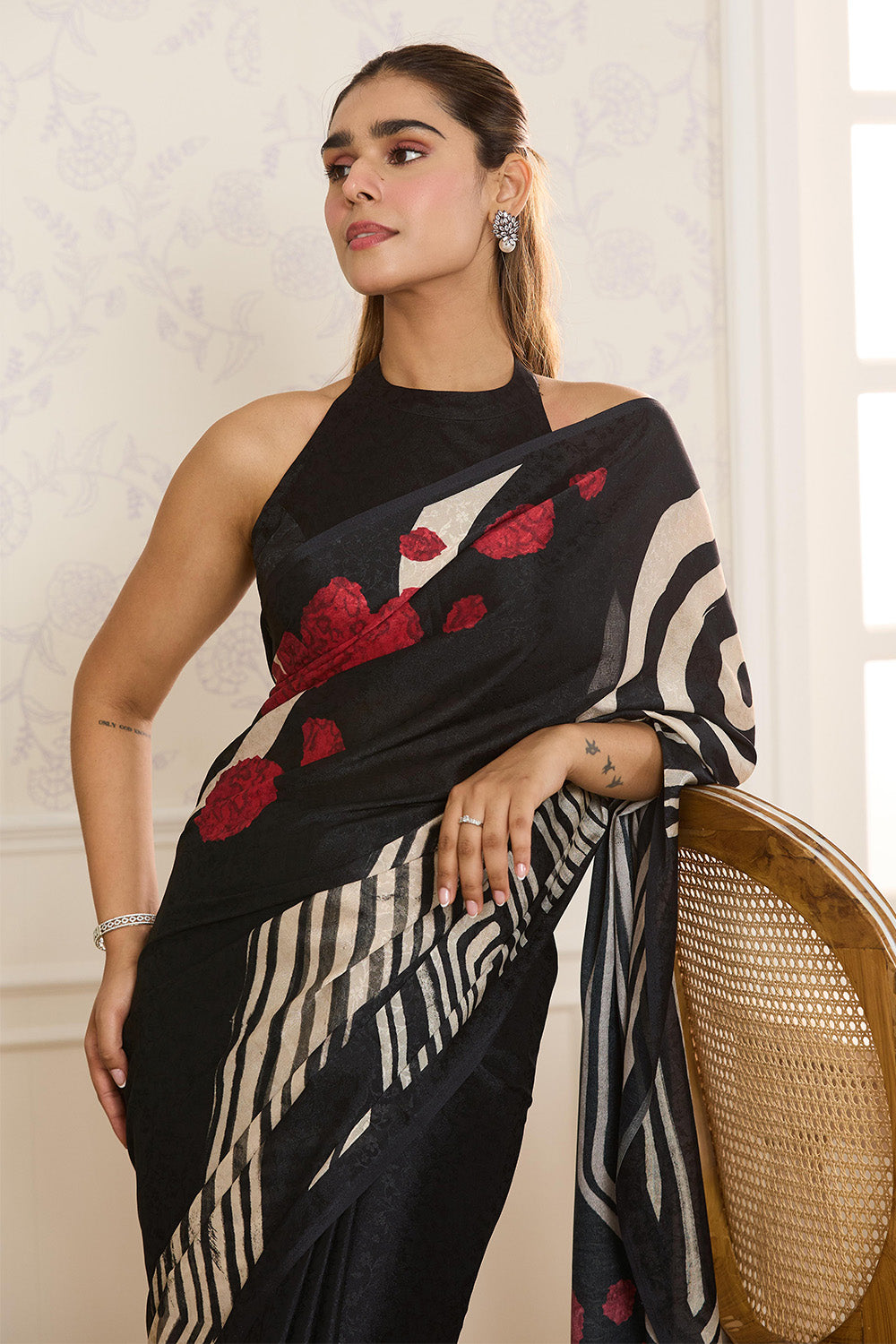 Black Jacquard Silk Floral Printed Saree