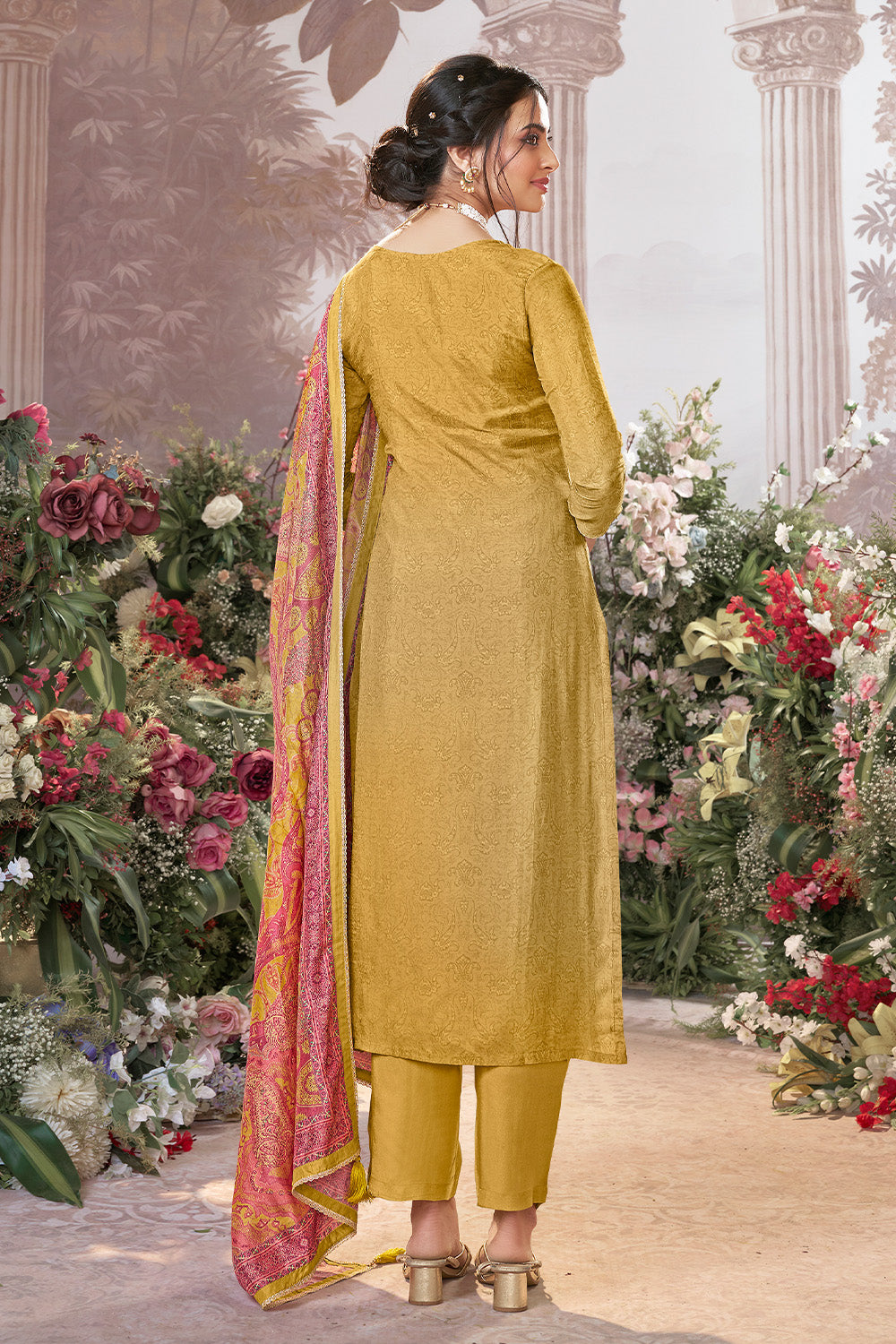 Mustard Neck-Embroidered And Printed Suit Set