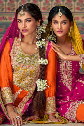 Orange and Magenta heavy Embroidered Straight Fit Suit