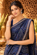 Navy Color Georgette Sequins Embroidered Saree