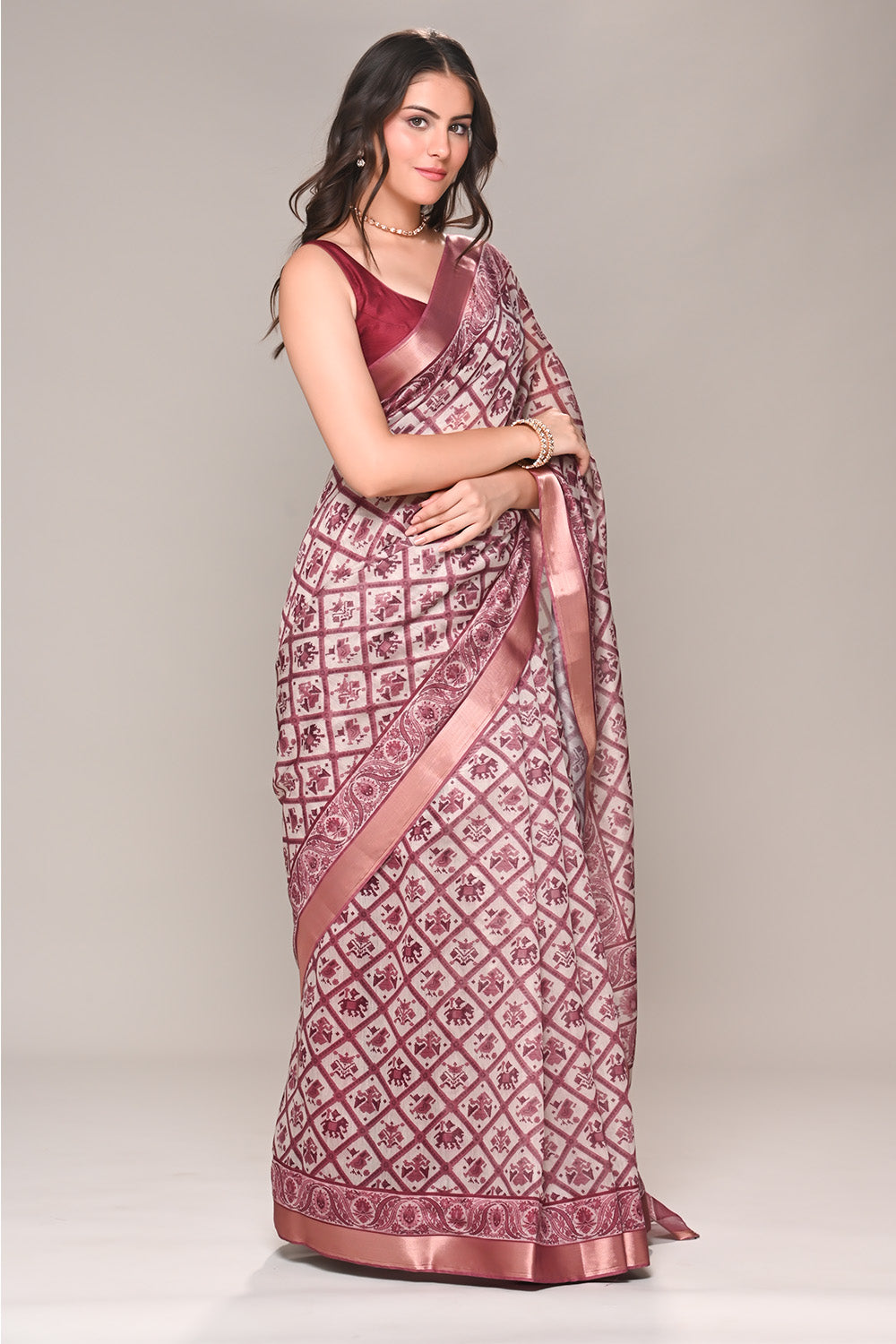 Cream & Rust Color Cotton Silk Printed Saree