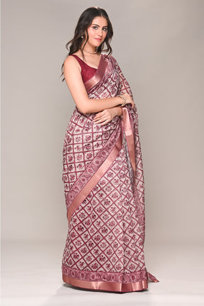 Cream & Rust Color Cotton Silk Printed Saree