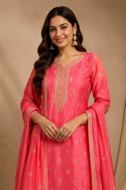 Peach Woven And Embroidered Silk Suit