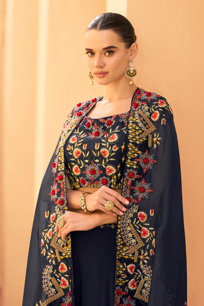 Navy Organza Embroidered Crop-Top Dress With Shruge Stlye Dupatta And Palazzo