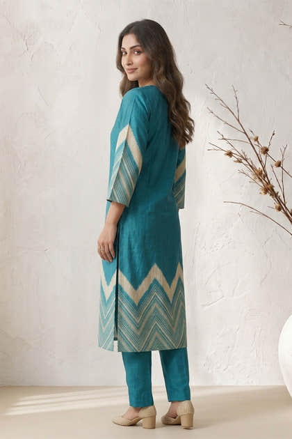 Dark Teal Mulberry Silk Printed Kurta Set