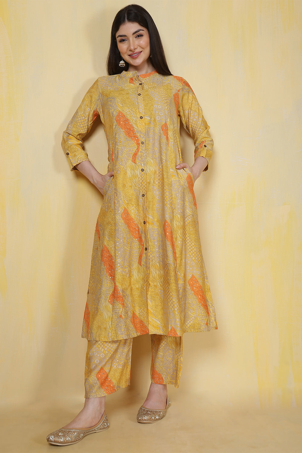 Yellow Cotton Printed Long Kurta Set