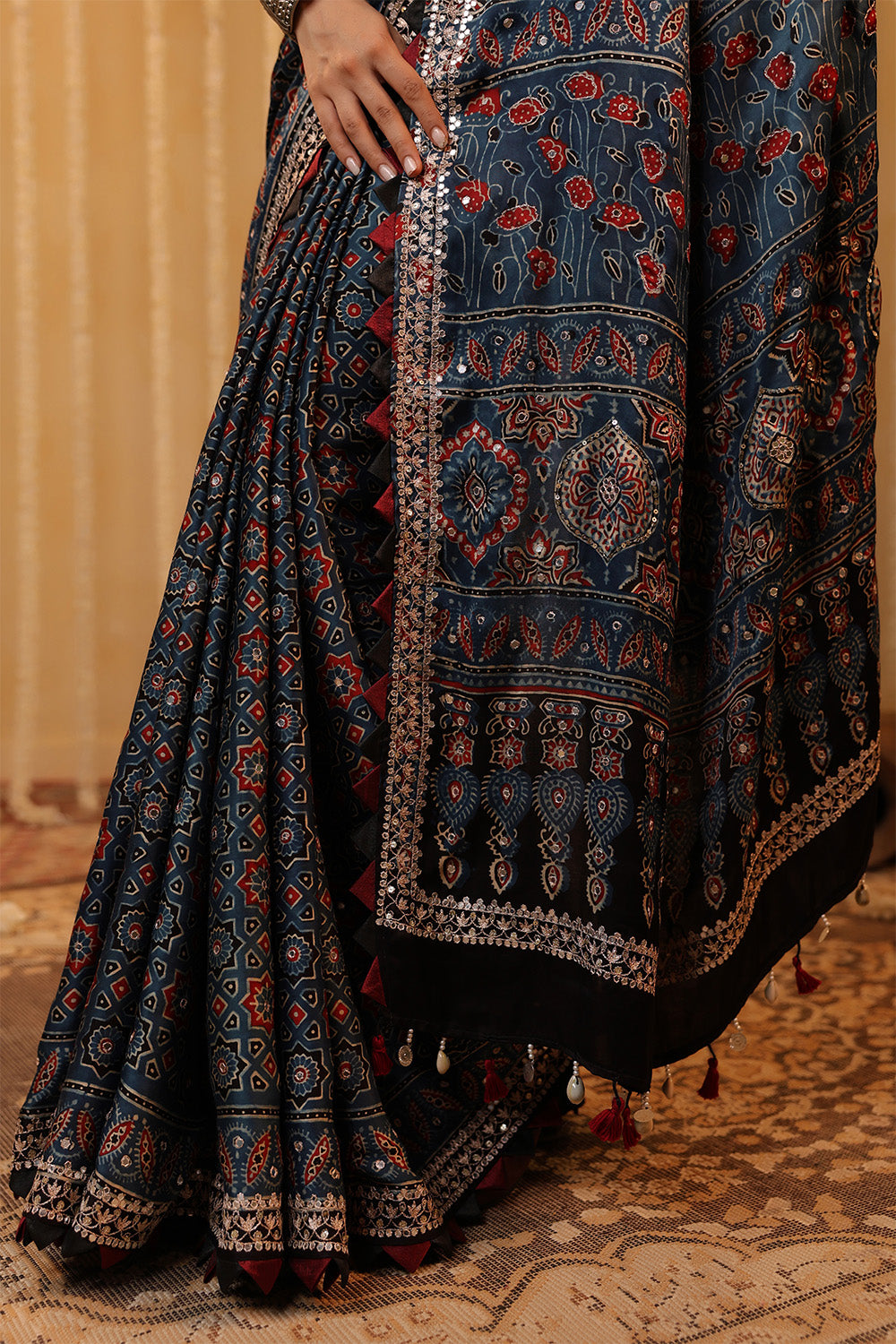 Navy Pure Mulberry Silk Printed And Embroidered Saree