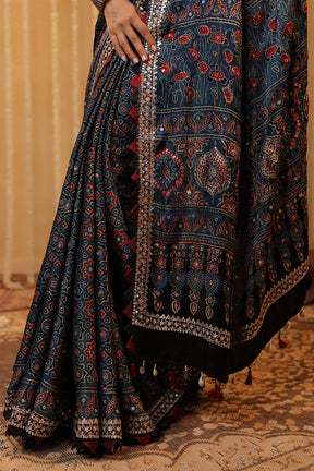 Navy Pure Mulberry Silk Printed And Embroidered Saree
