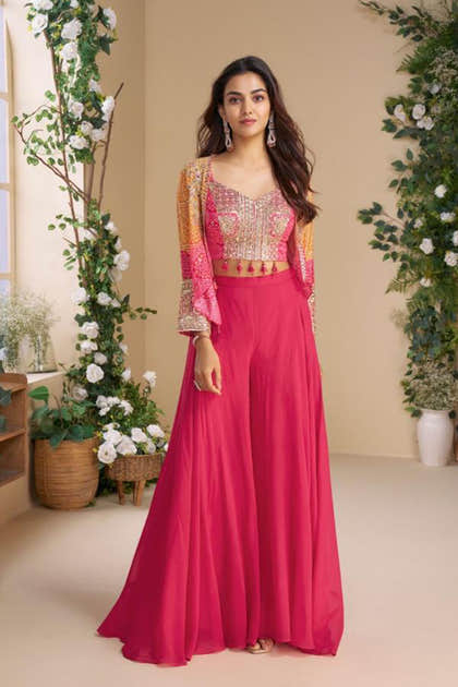 Magenta Pink Silk Bandhani Printed & Zari Embroidered Palazzo Set With Jacket