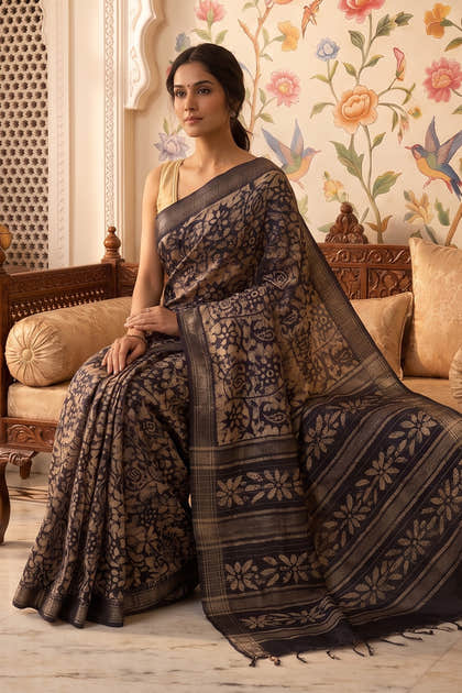 Navy And Beige Cotton Printed And Woven Border Saree