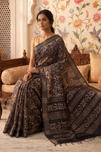 Navy And Beige Cotton Printed And Woven Border Saree