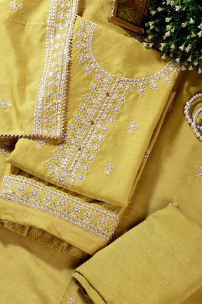 Mindaro Green Chanderi Silk Resham Embroidered Unstitched Suit Material
