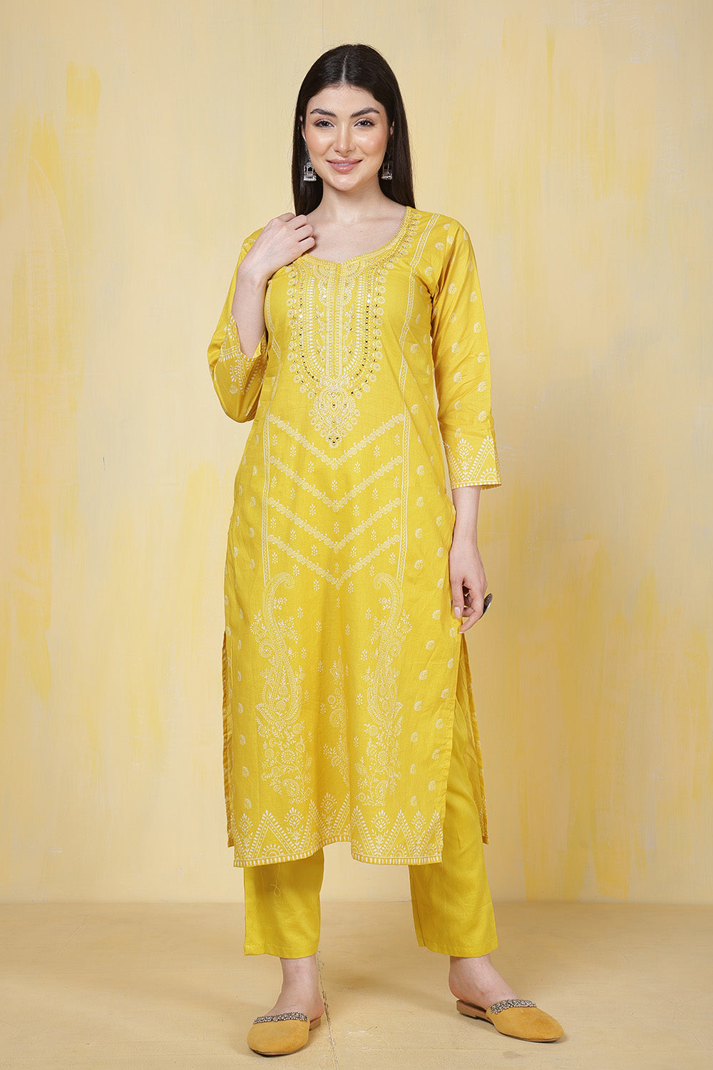 Mustard Cotton Printed & Neck Embroidered Suit