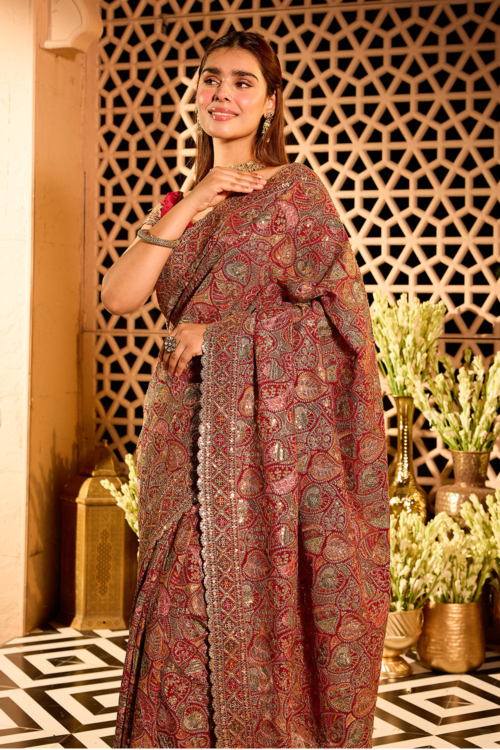 Maroon Georgette Heavy Embroidered Saree