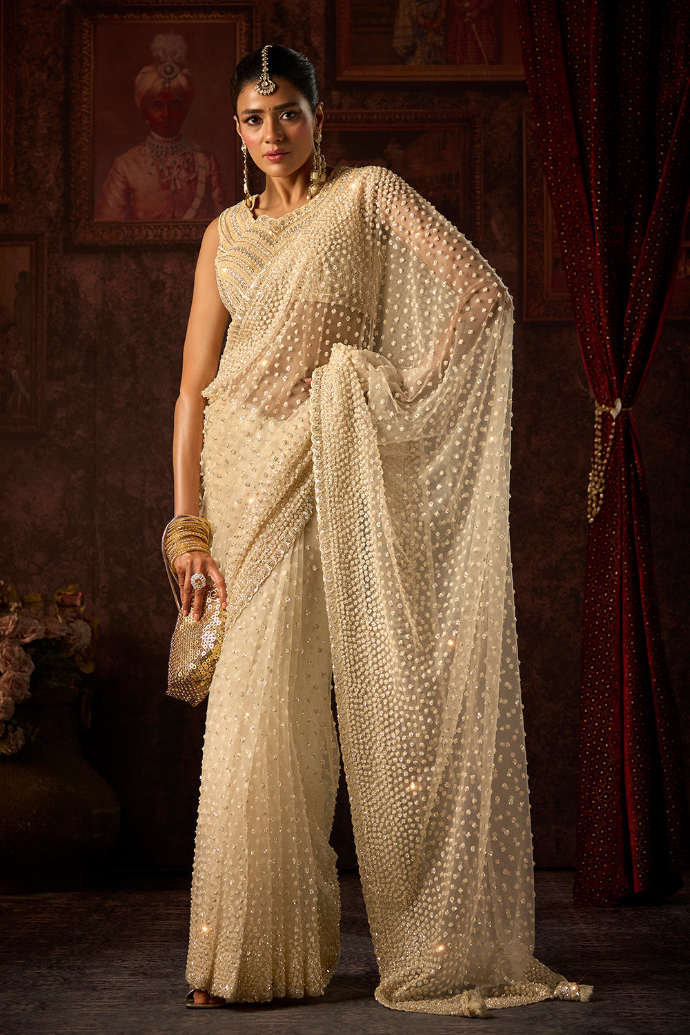 Cream Net Sequins & Cut-Dana Embroidered Saree with Readymade Blouse