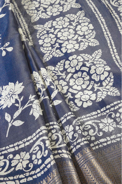 Navy Color Cotton Silk Block Printed Saree