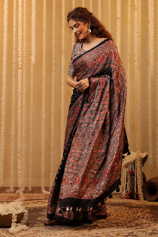 Black & Grey Pure Mulberry Silk Printed And Embroidered Saree