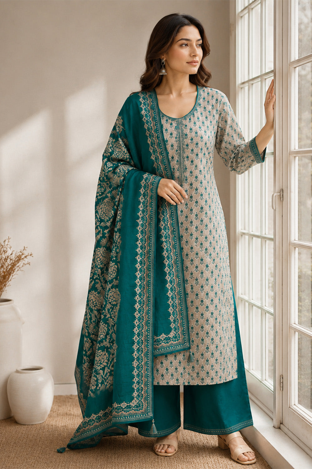 Grey And Teal Printed Chanderi Silk Suit