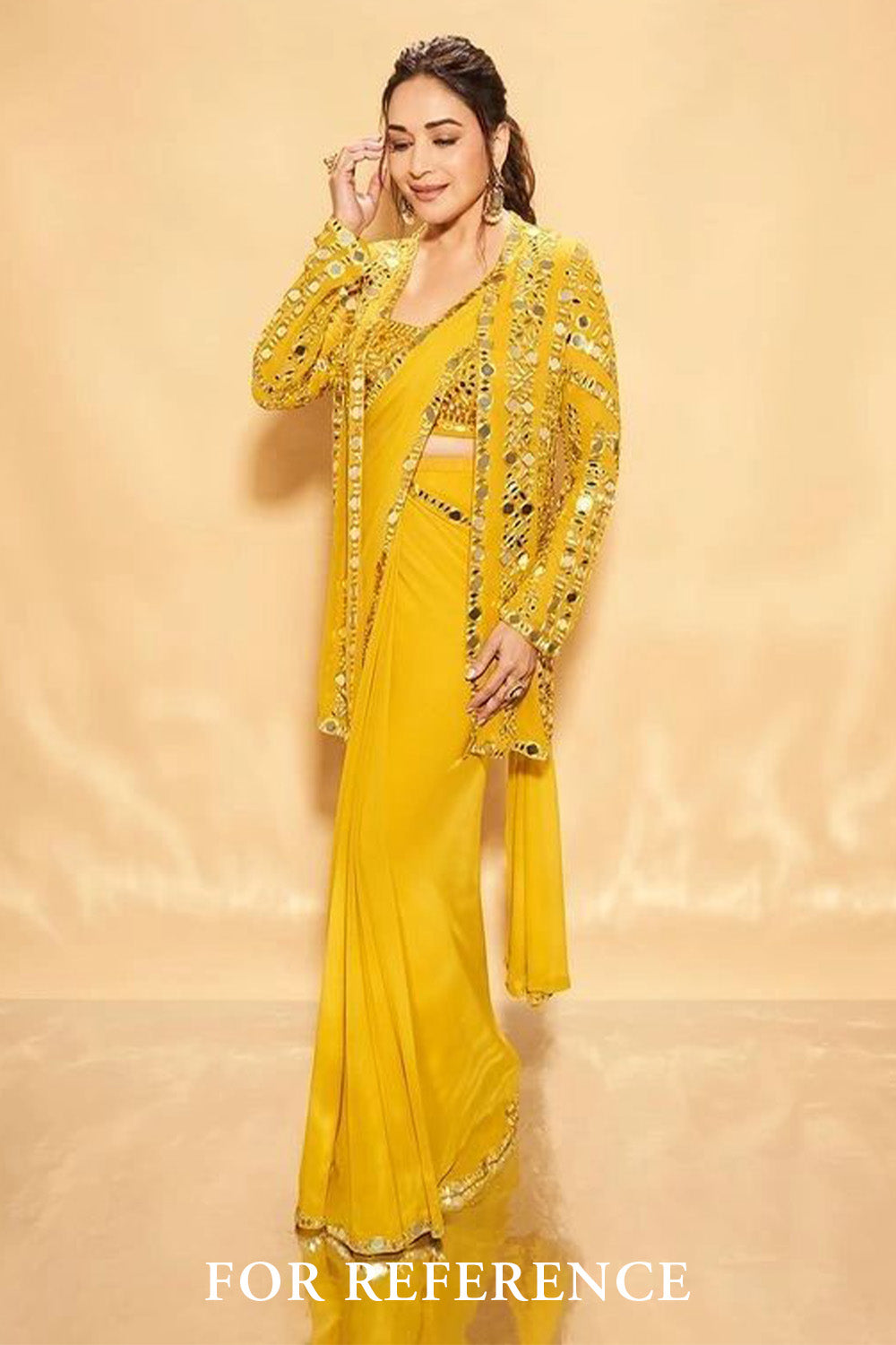 Mustard Color Georgette Mirror Embroidered Saree With Shrug