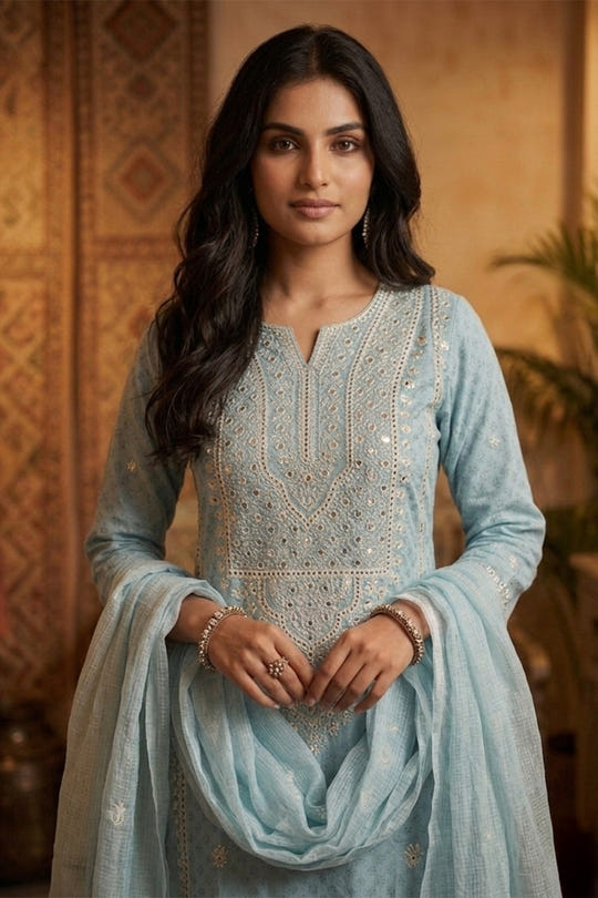 Light Blue Cotton Mirror Work & Resham Embroidered Suit