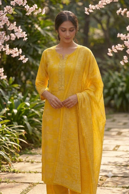 Mustard Muslin Printed Straight Suit