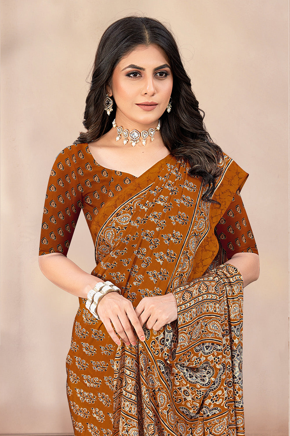 Brown Soft Georgette Floral Printed Saree