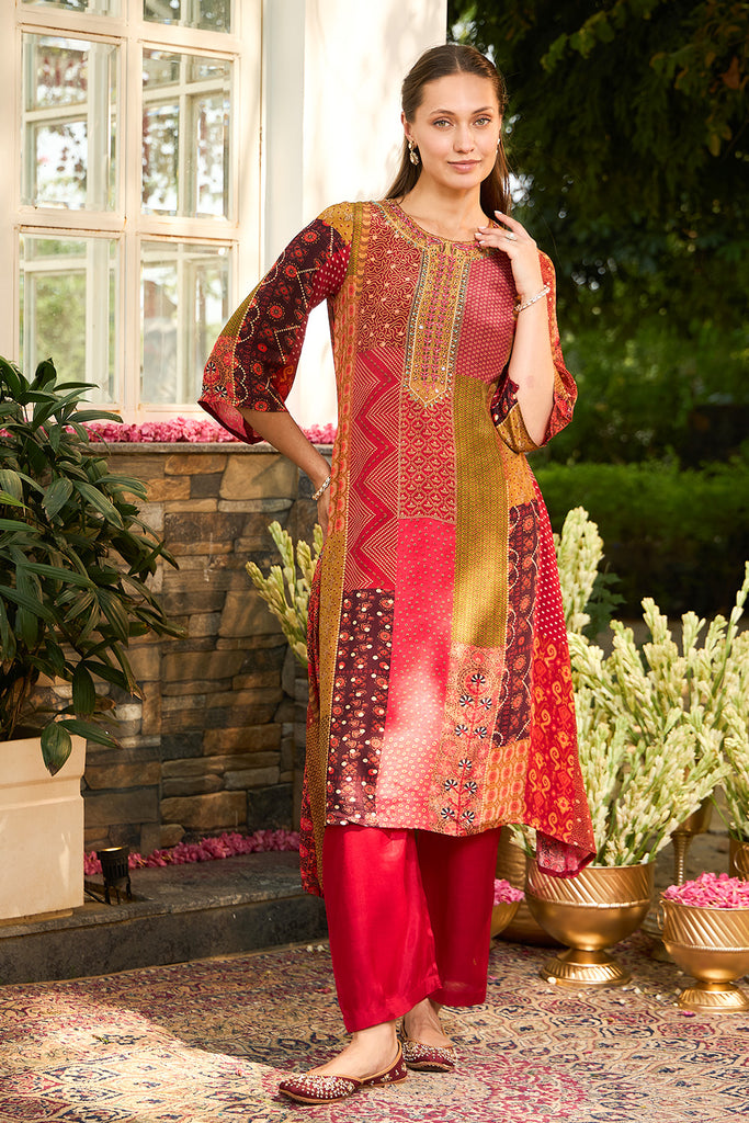 Maroon Crepe Silk Printed Kurta Set