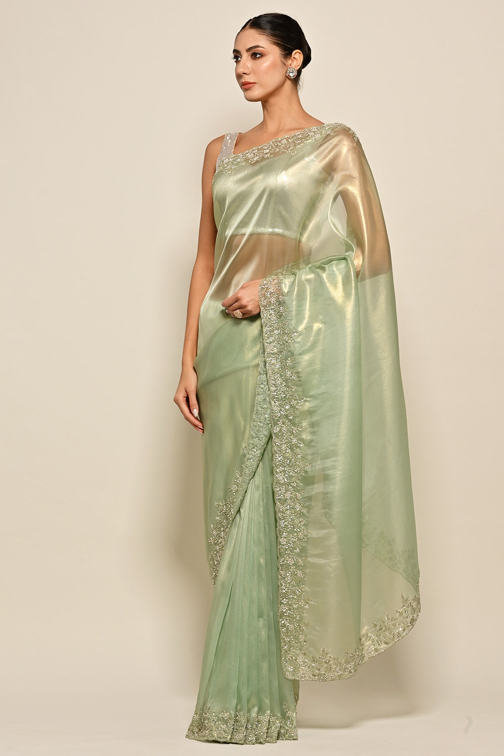 Mint Green Color Mantellic Tissue Embroidered Saree