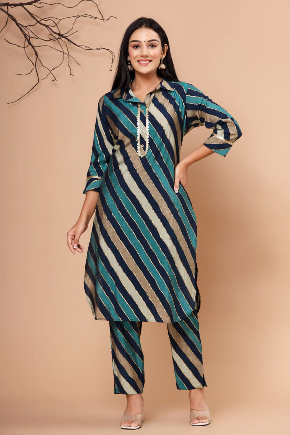 Teal & Navy Color Muslin  Printed Kurta Set