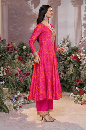 Magenta Pink Printed & Emboridered Anarkali Suit
