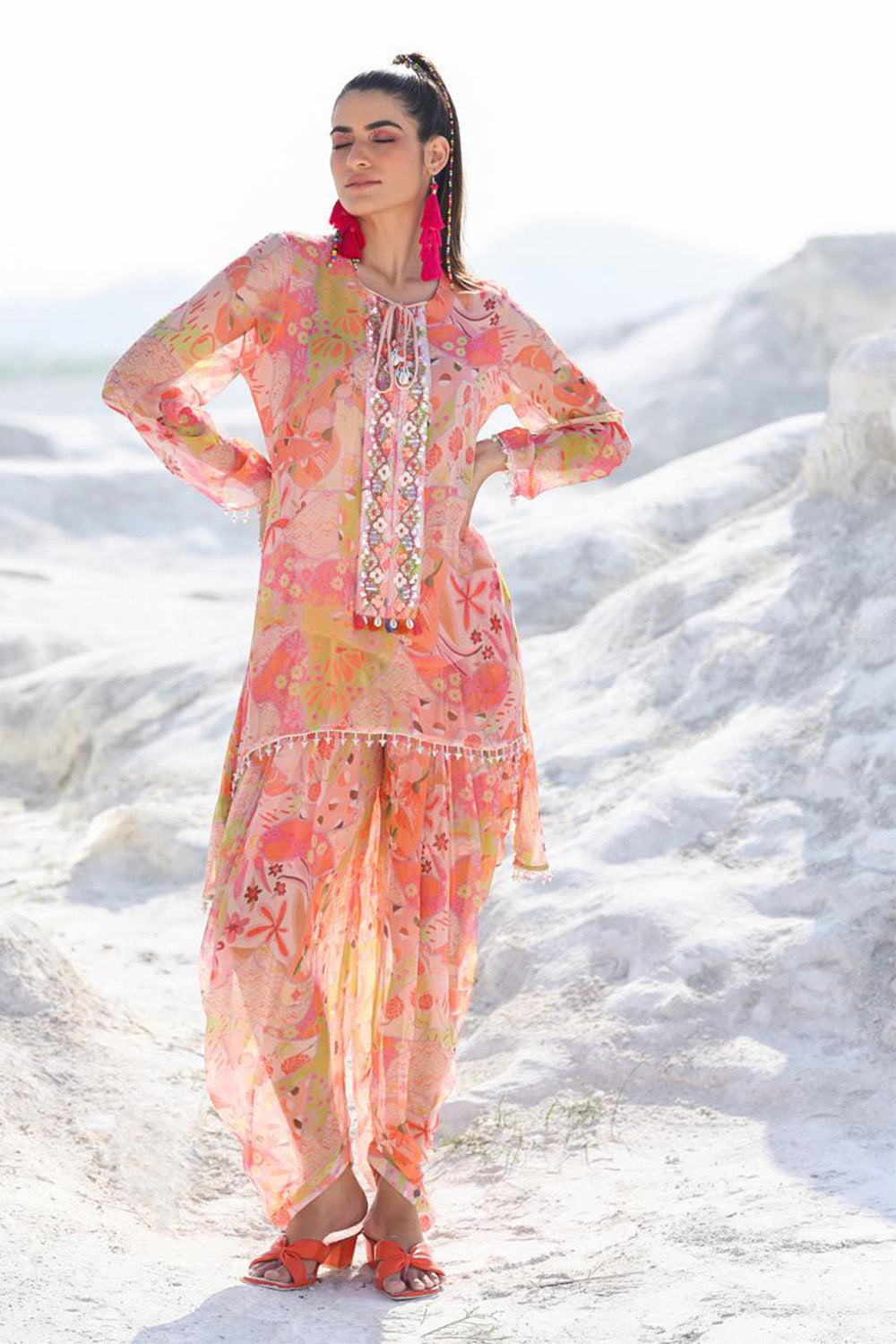 Peach Color Chiffon Printed Co-Ord Dress With Dhoti Style Pants