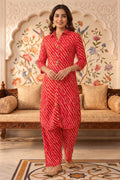 Red Crepe Silk Leheria Printed Kurta Set