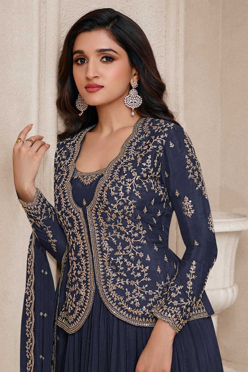Navy Color Embroidered Chinon Crepe Unstitched Suit Material With Unstitched Jacket