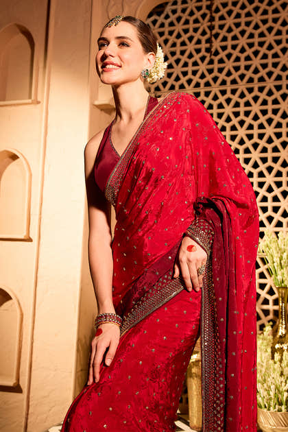 Red Crepe Floral Woven And Embroidered Saree