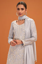 Grey Crepe Silk Cut-Dana and Resham Embroidered Suit with Palazzo