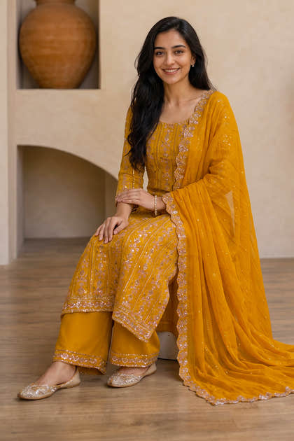 Mustard Crepe Silk Embroidered And Floral Printed Unstitched Suit Material