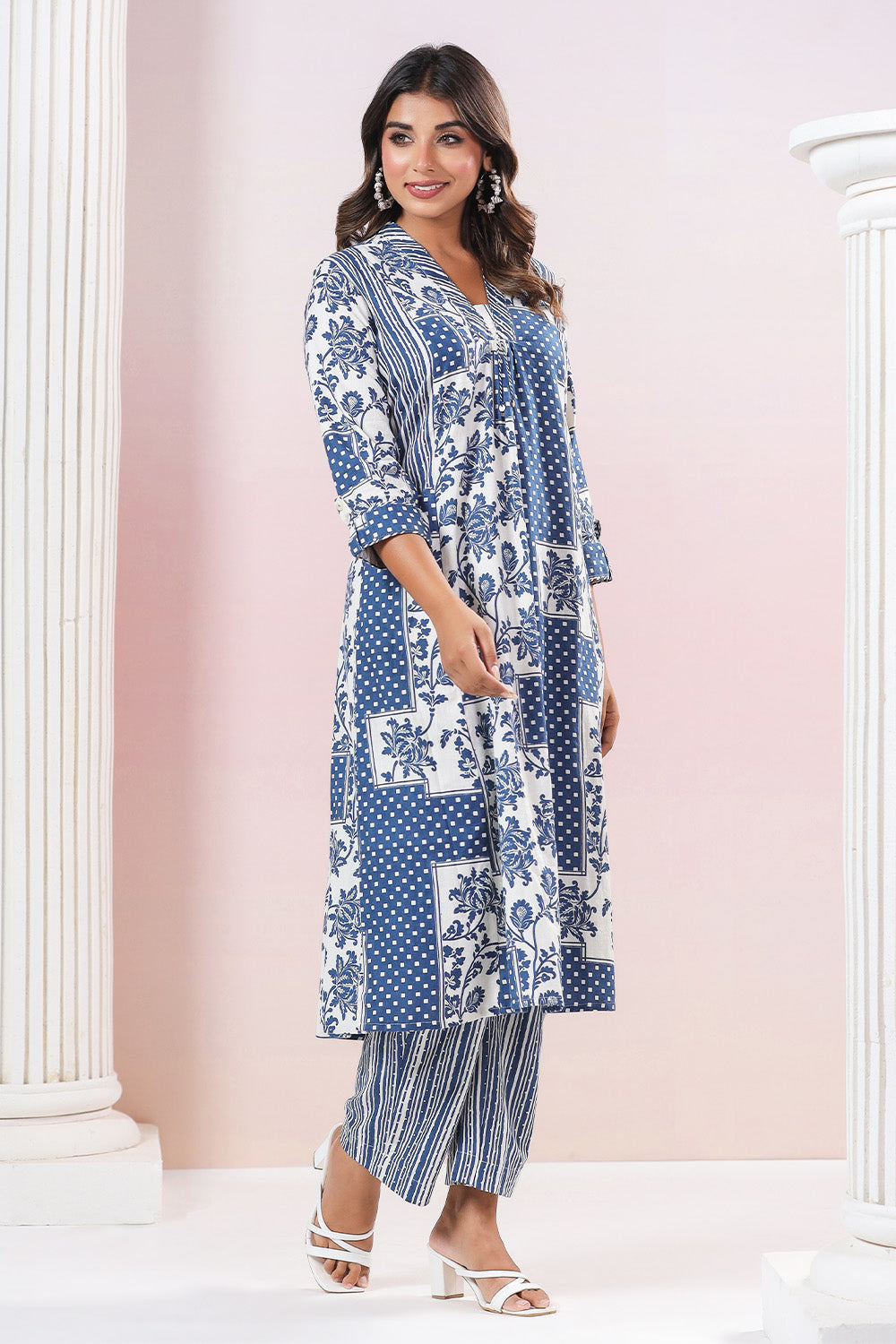 Blue & Cream Color Cotton Printed Long Kurta Set