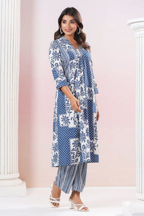 Blue & Cream Color Cotton Printed Long Kurta Set