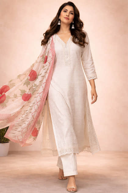 White Cotton Embroidered And Lace Work Suit Set