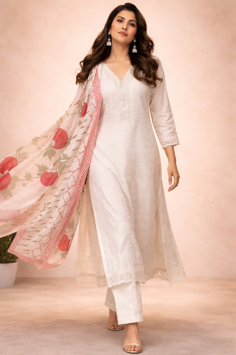 White Cotton Embroidered And Lace Work Suit Set