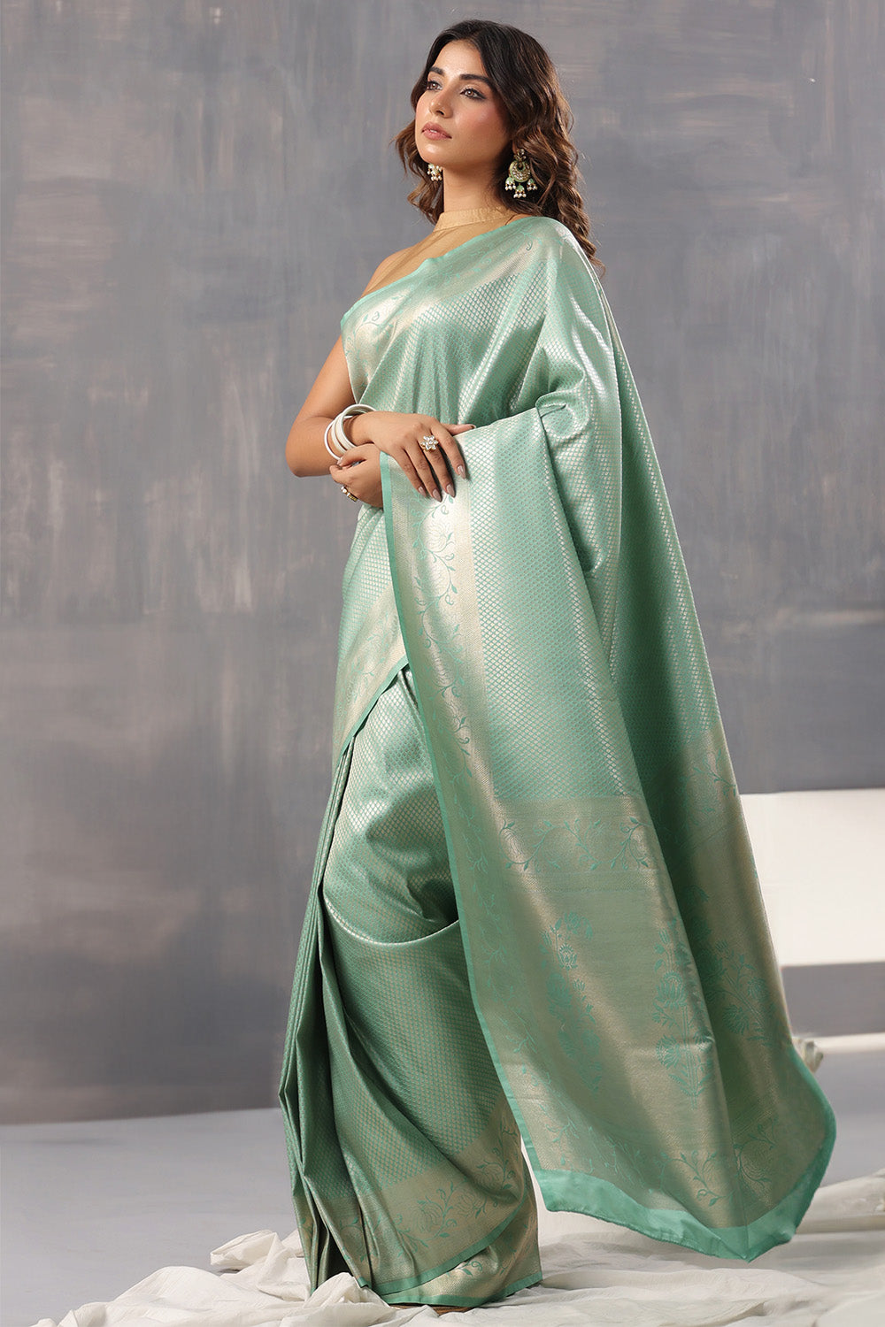 Sea Green Color Silk Woven Saree