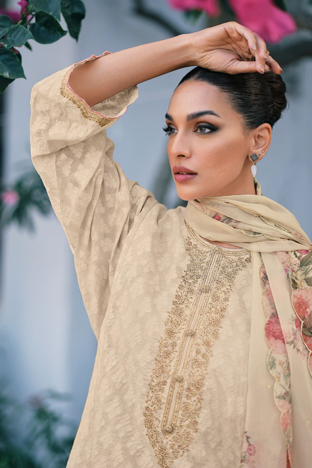 Beige Printed And Embroidered Cotton Unstitched Suit