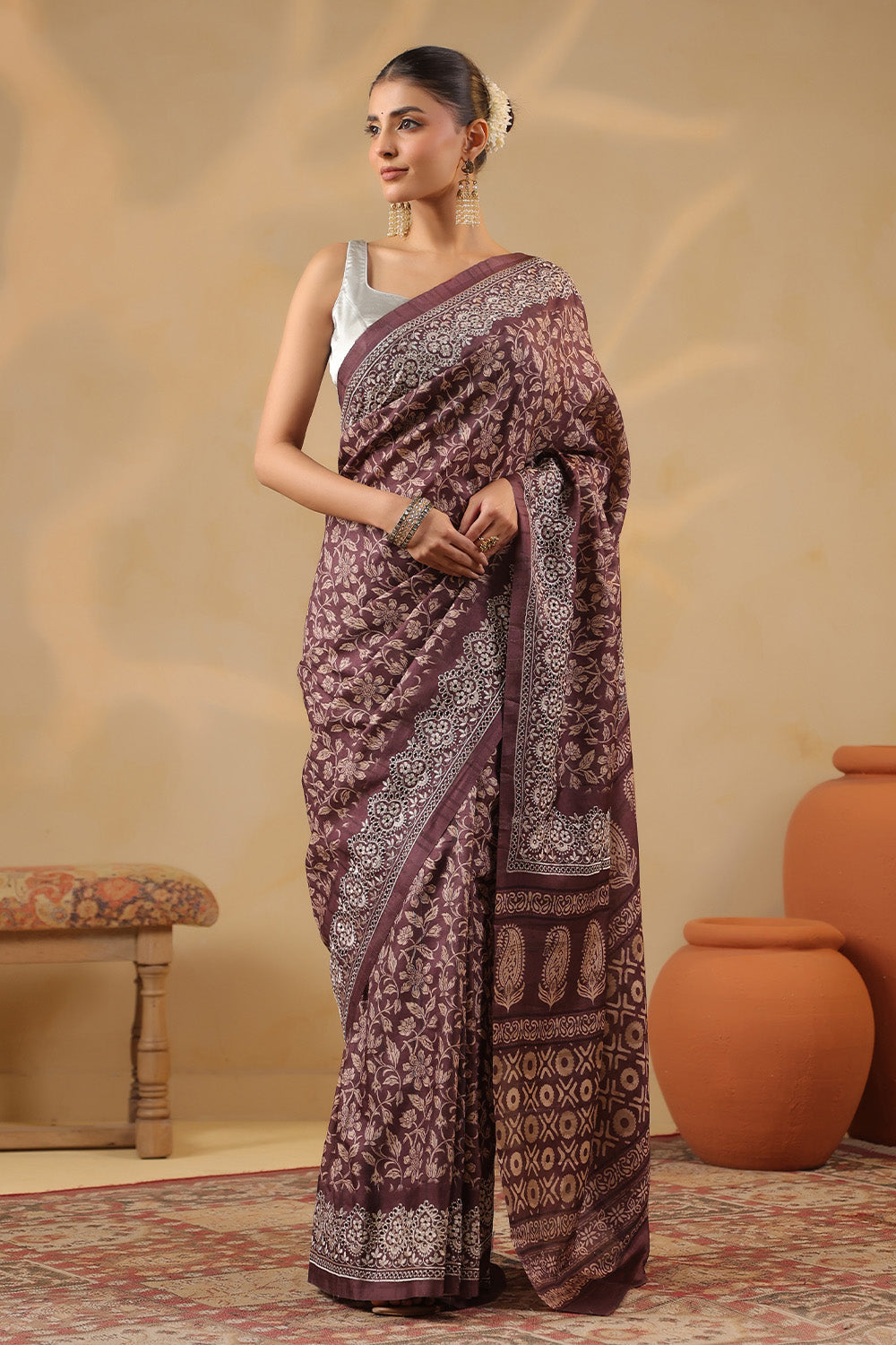 Brown Tussar Silk Printed Saree