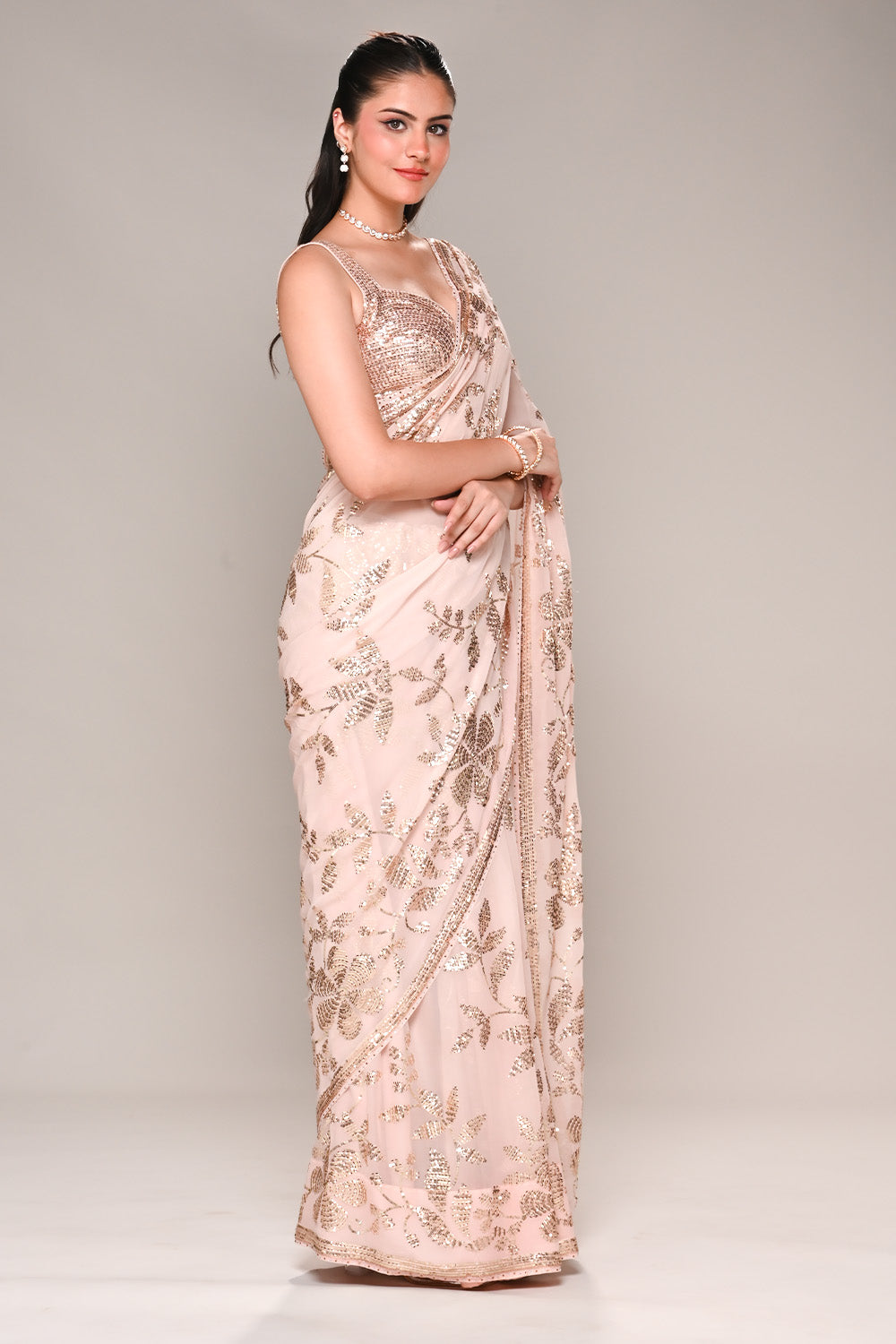 Baby Pink Color Georgette Sequins Embroidered Saree
